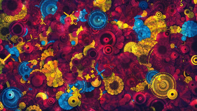 Colorful Abstract Pattern — Red, Vibrant, Digital Art, Circles, Flowers