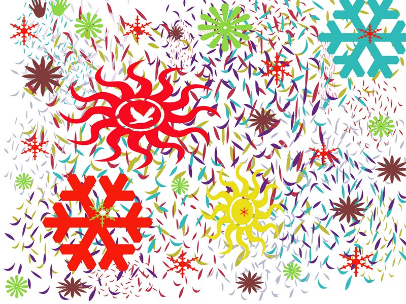 colorful abstract pattern with suns and snowflakes