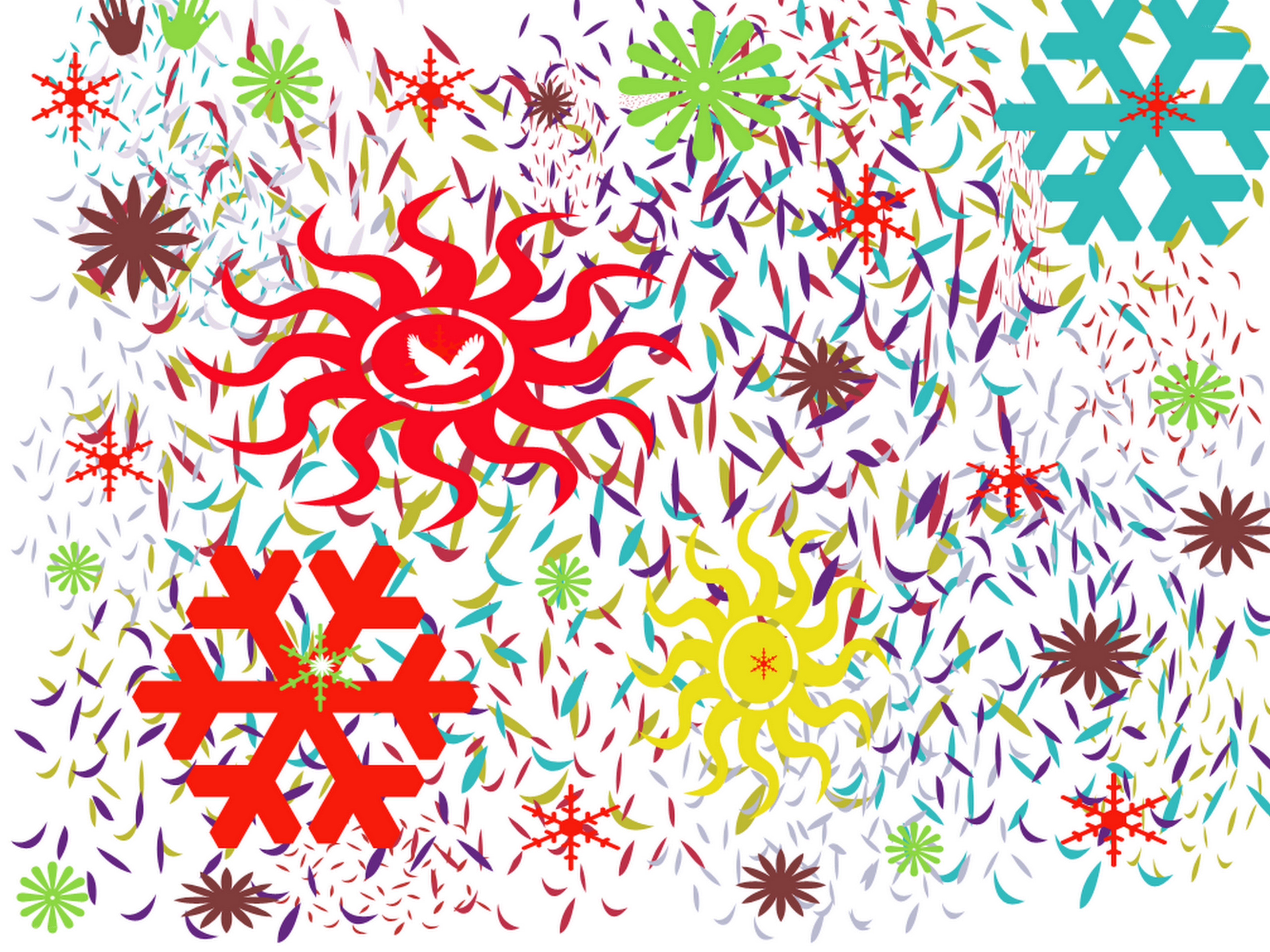 colorful abstract pattern with suns and snowflakes