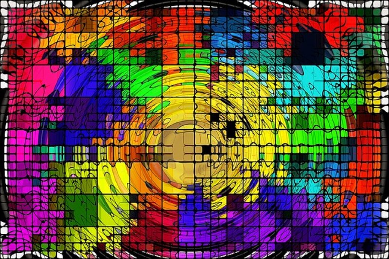Colorful Abstract Pattern — Yellow, Vibrant, Grid, Swirls