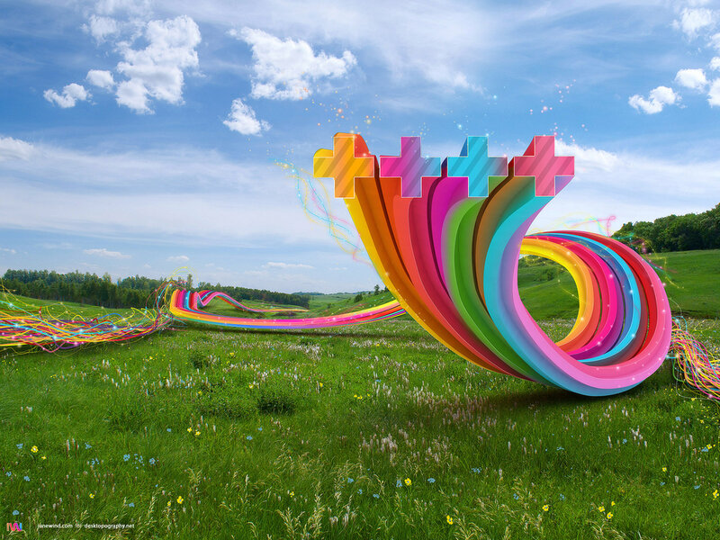 Colorful abstract sculpture in field
