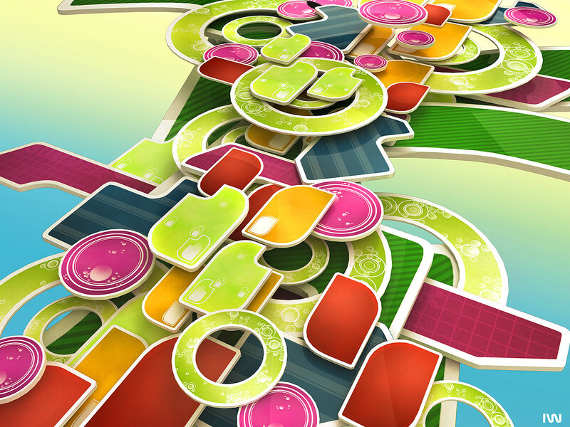 Colorful Abstract Shapes — Green, Vibrant, Digital Art, Circles, Squares, Triangles, Pink, Orange