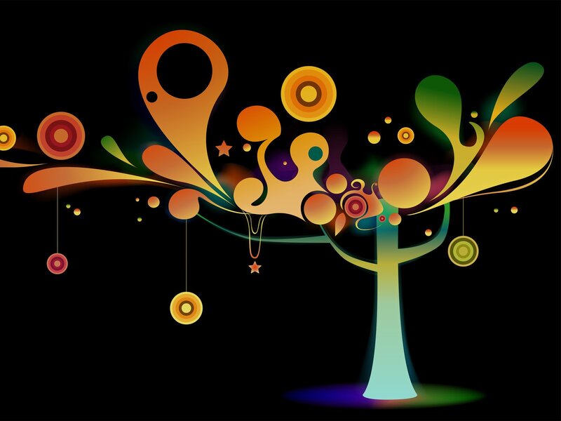 Colorful Abstract Tree — Black, Vibrant, Digital Art, Circles, Stars, Dripping Shapes
