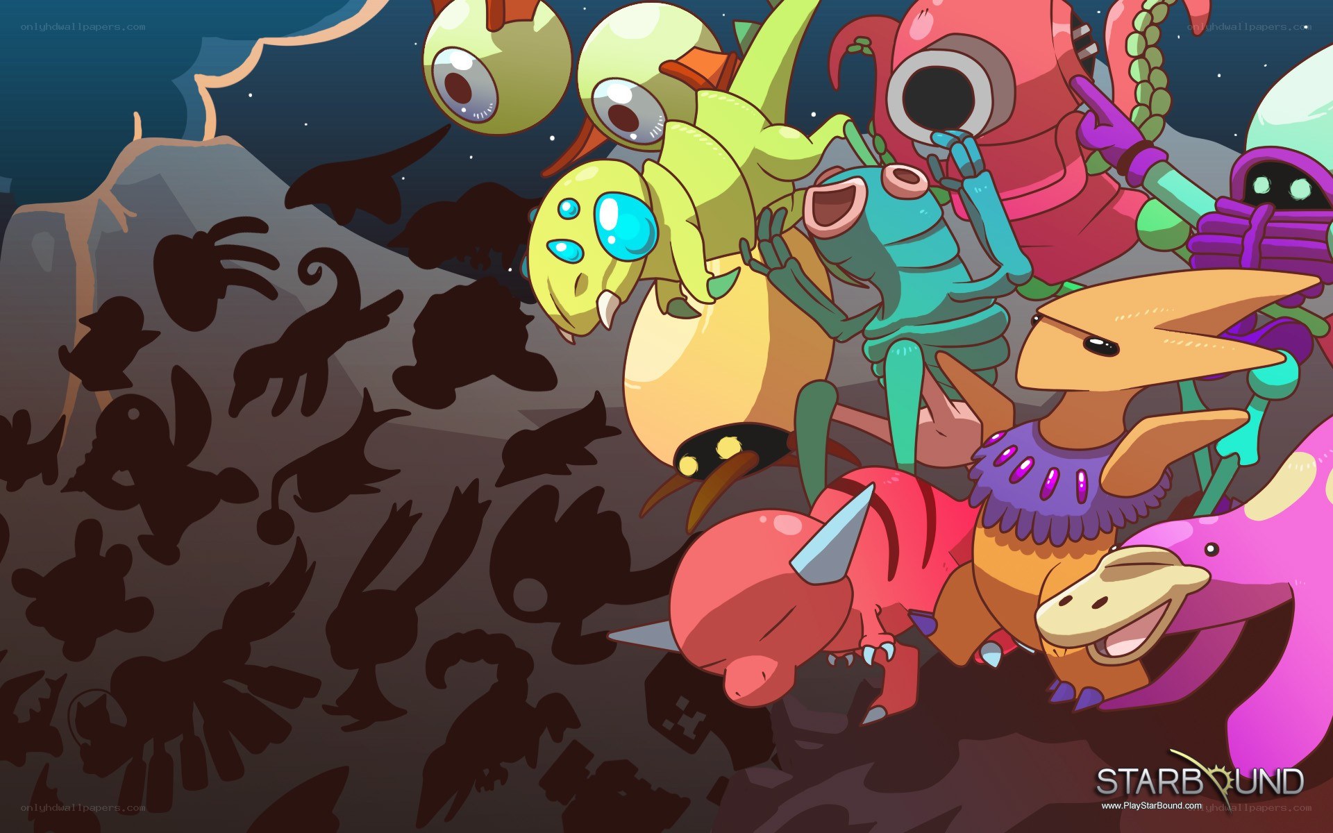 Colorful alien creatures on a rocky planet