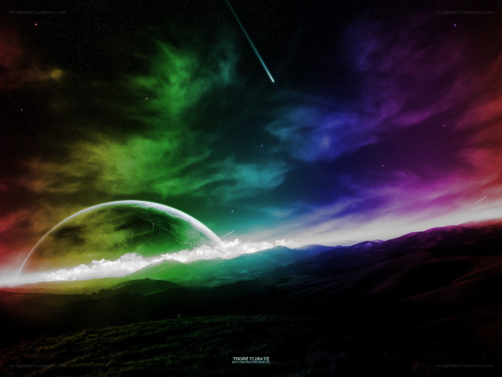 Colorful alien landscape at night