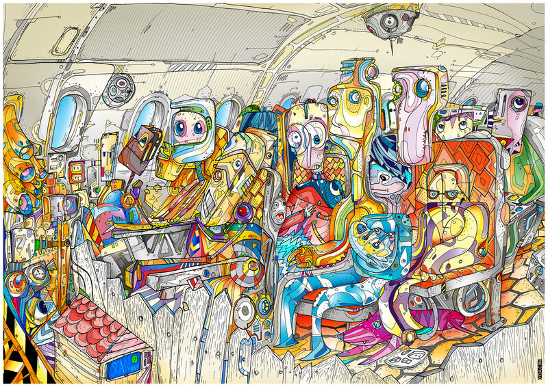Colorful alien passengers on a spaceship
