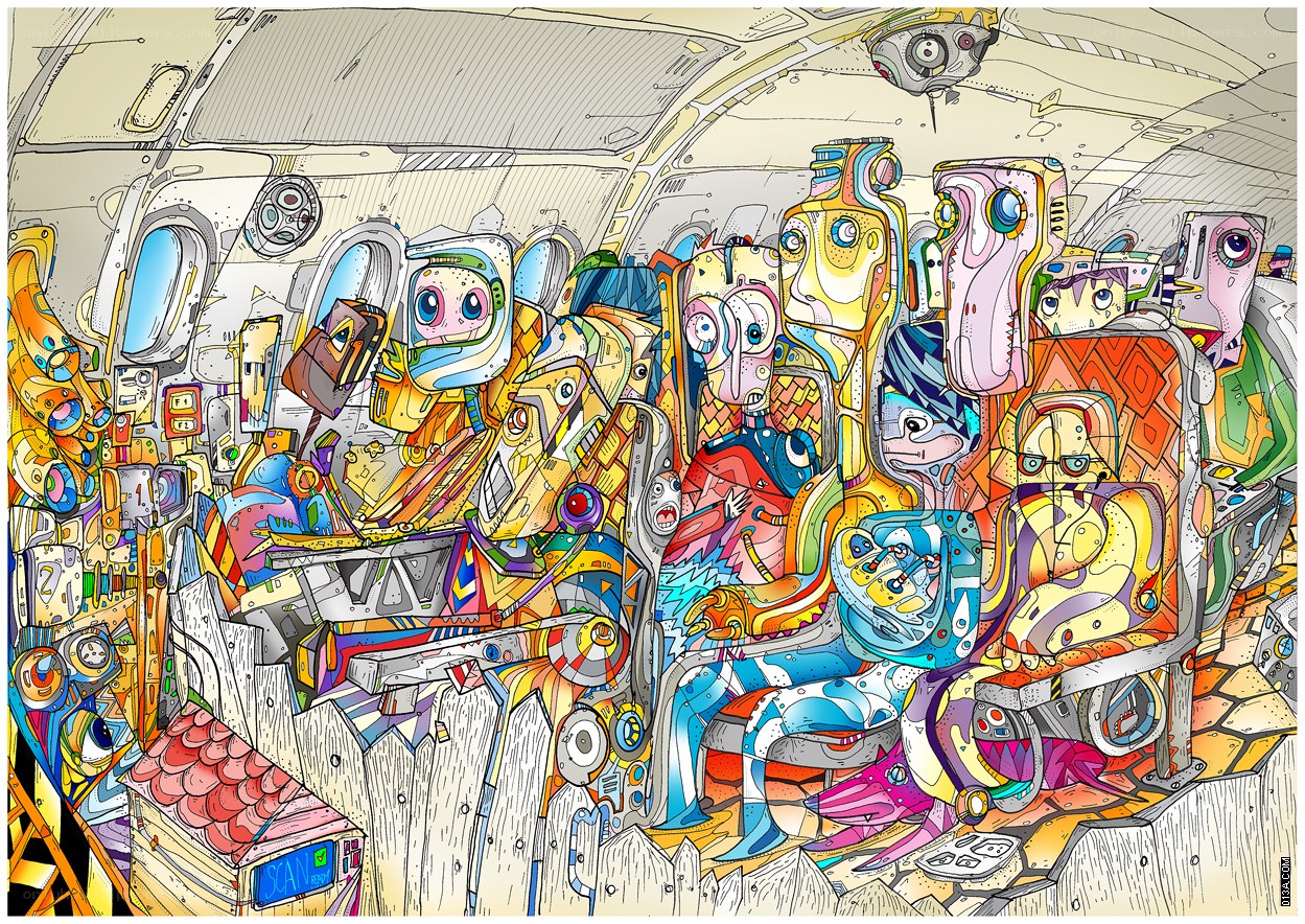 Colorful alien passengers on a spaceship