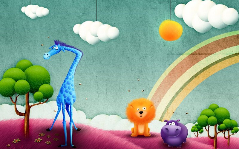 colorful animals in a whimsical landscape