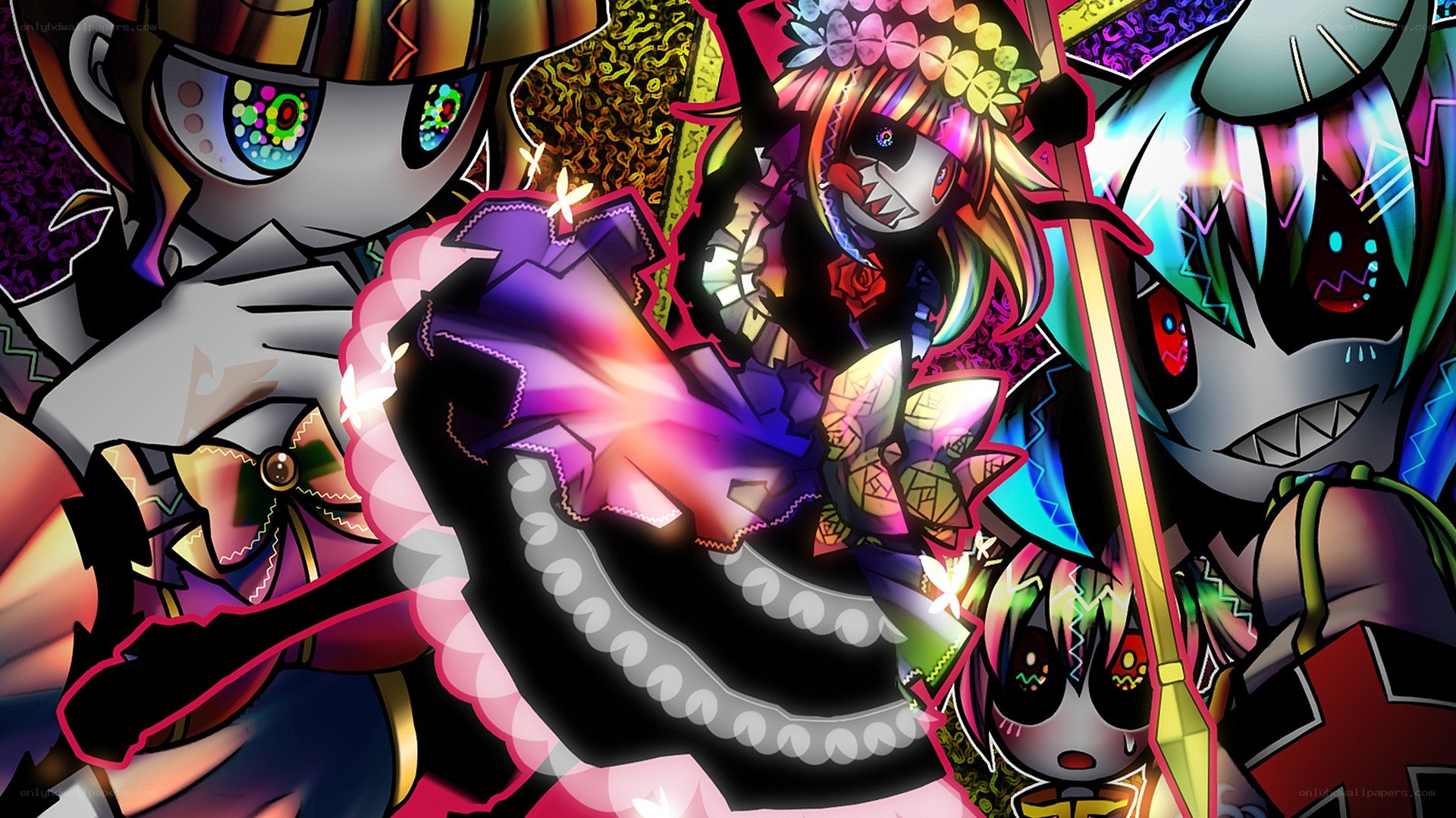 colorful anime character collage