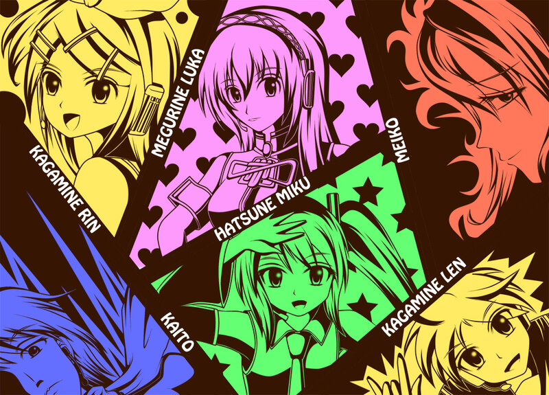 Colorful anime character collage