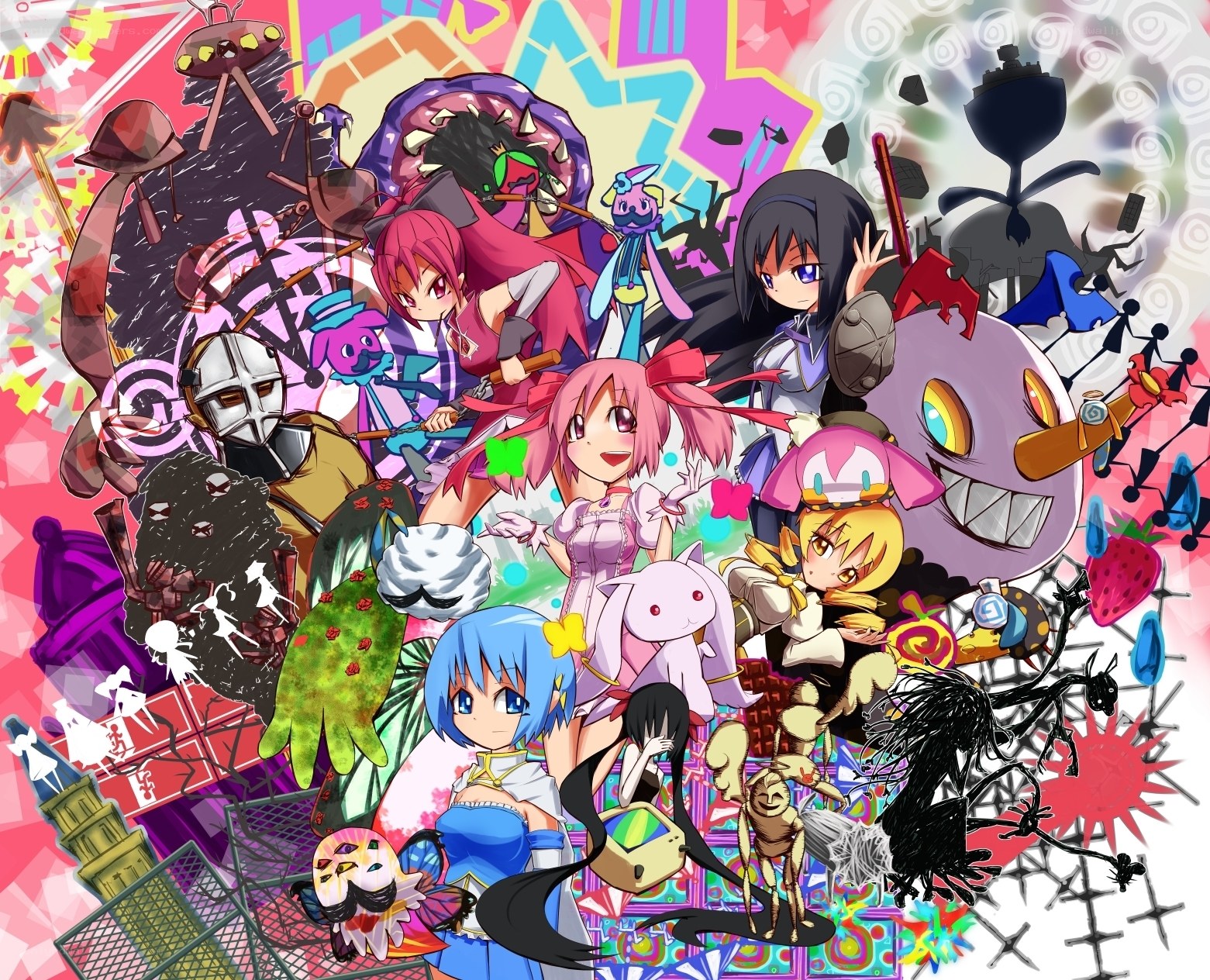 Colorful anime character collage