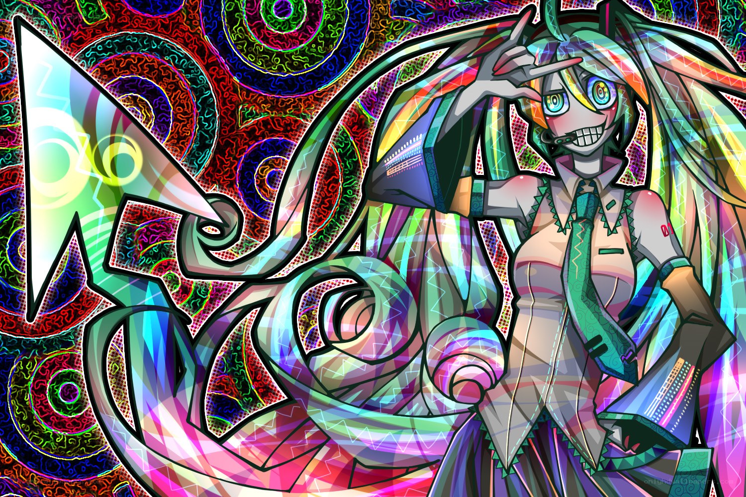 colorful anime character with spiral background