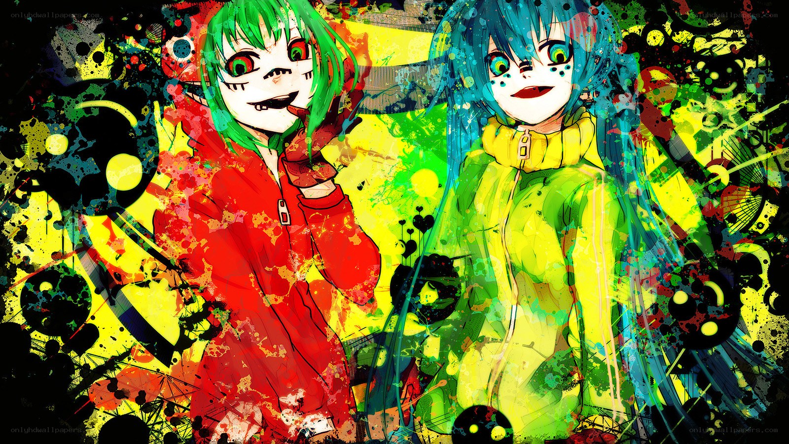 Colorful anime characters with splatter art