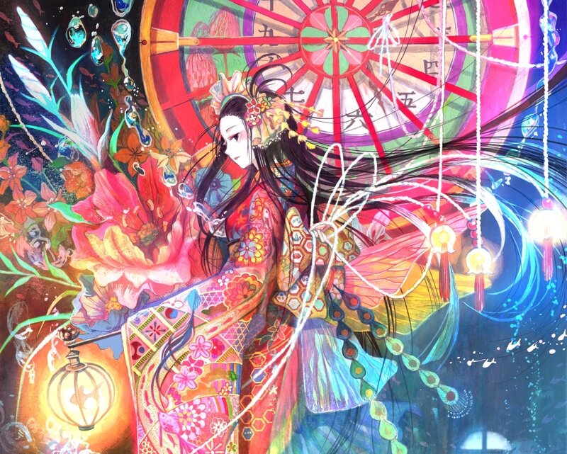 colorful anime woman with lantern