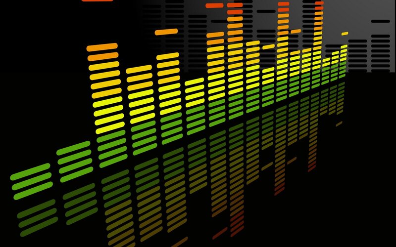 Colorful Audio Equalizer Bars — Green, Dynamic, Digital Art, Reflection