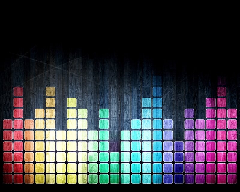 Colorful Audio Equalizer — Red, Dynamic, Digital Art, Wood Texture, Sound Bars