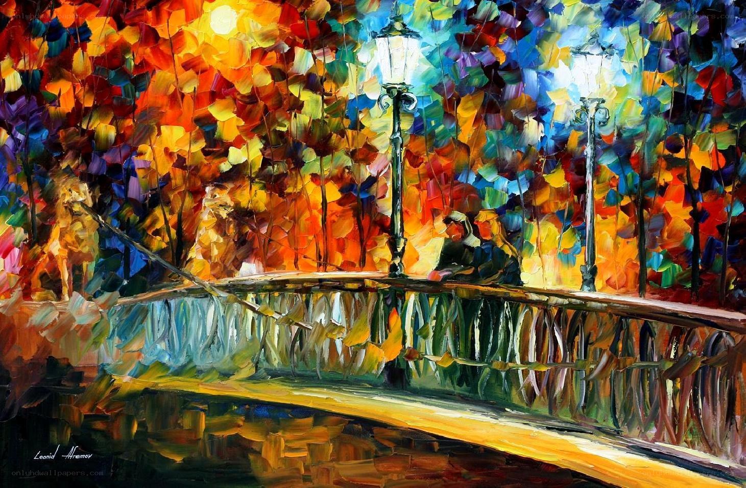 Colorful autumn bridge scene