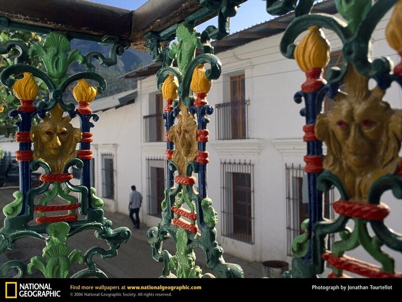 Colorful balcony railing in a town
