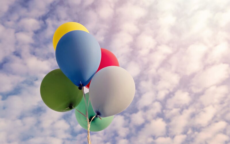 Colorful Balloons Floating — Blue, Serene, Afternoon