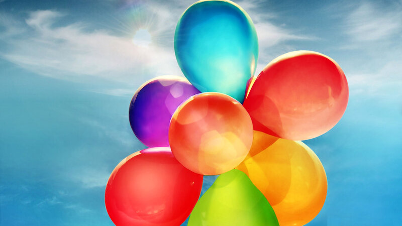 Colorful Balloons in Sky — Blue, Bright, Afternoon, Photograph, Sun