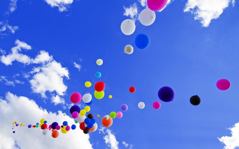 Colorful Balloons in Sky — Blue, Celebratory, Afternoon, Photograph, Clouds