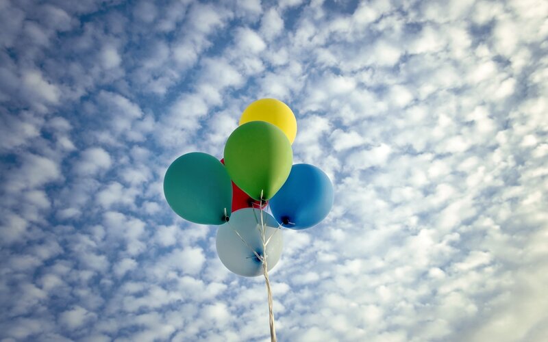 Colorful Balloons in Sky — Blue, Serene, Afternoon, Photograph, Clouds, Strings, White