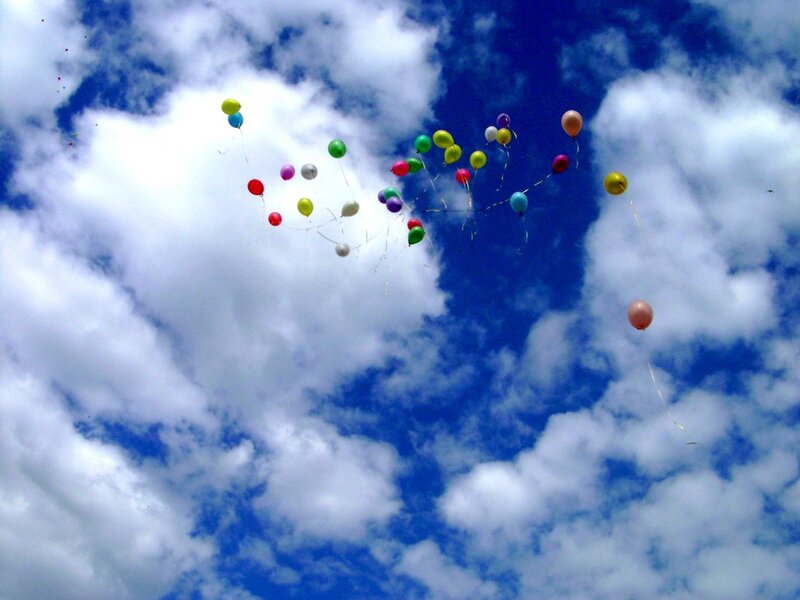 Colorful Balloons in Sky — Blue, Serene, Afternoon, Photograph
