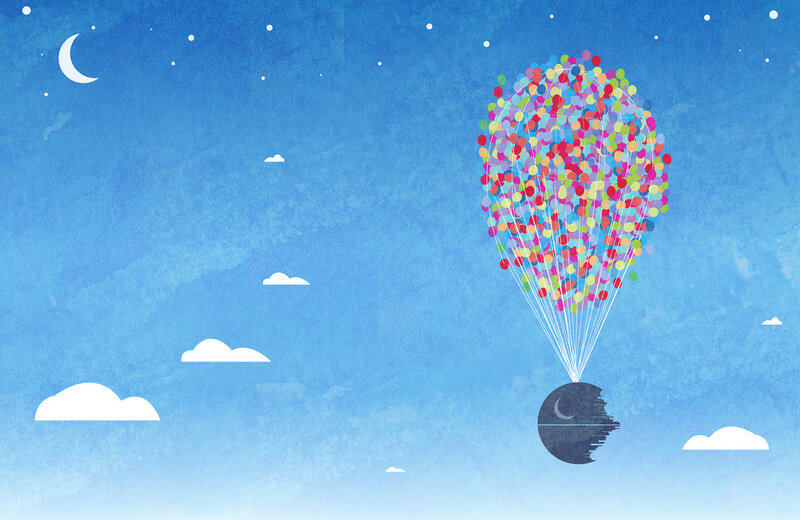 Colorful balloons lift a moon-shaped object