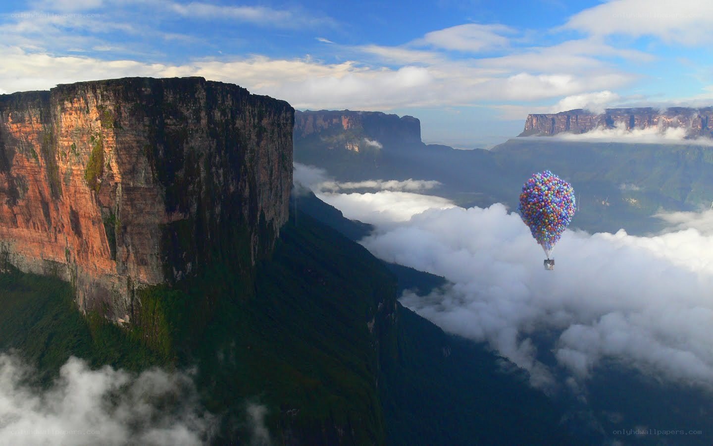 Colorful balloons over a cliff