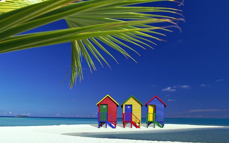 Colorful Beach Huts — Blue, Serene, Afternoon