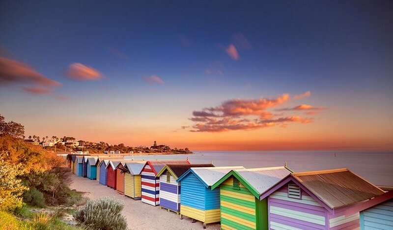Colorful Beach Huts — Blue, Serene, Sunset