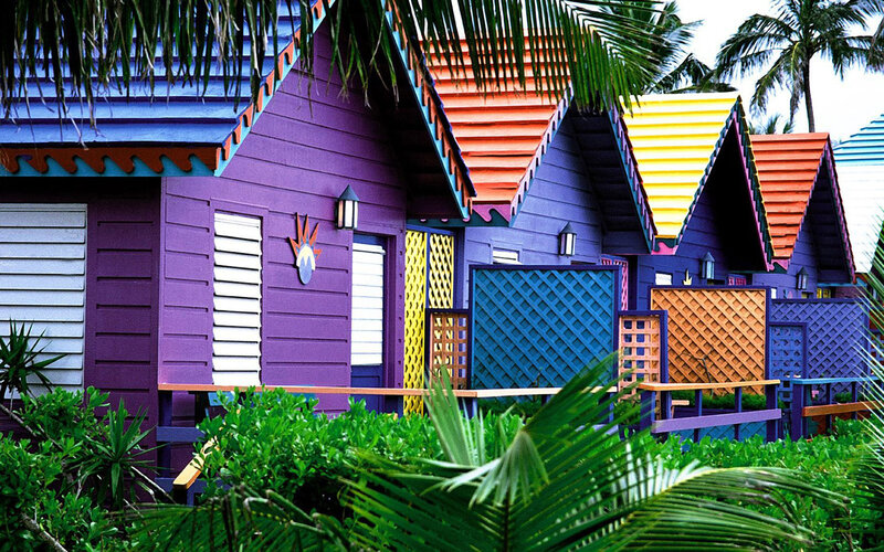 Colorful Beach Huts — Purple, Tropical, Afternoon
