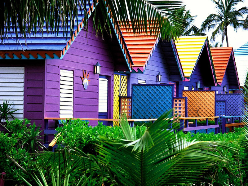 Colorful Beach Huts — Purple, Tropical