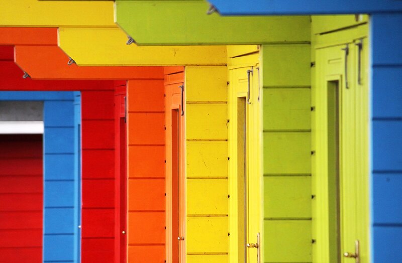Colorful Beach Huts — Yellow, Vibrant, Photograph