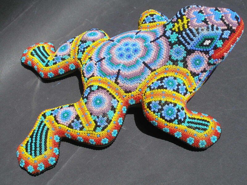 Colorful beaded frog sculpture