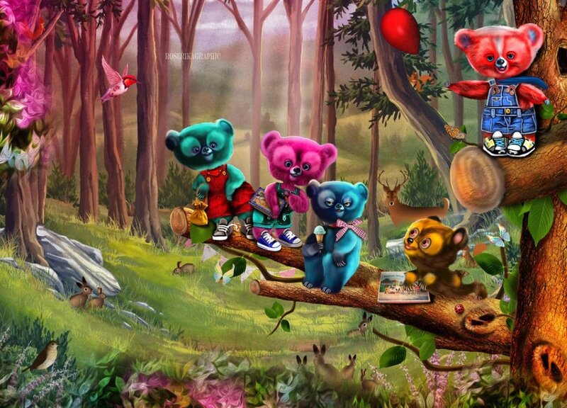Colorful Bears in Forest