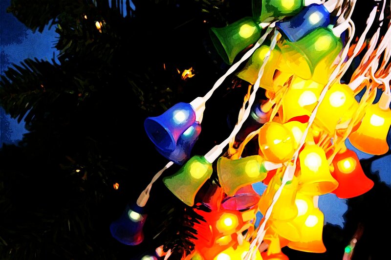 Colorful bell lights on a tree