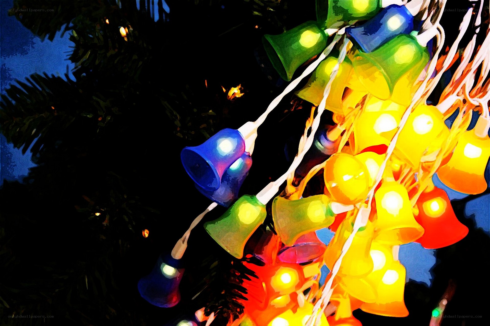 Colorful bell lights on a tree