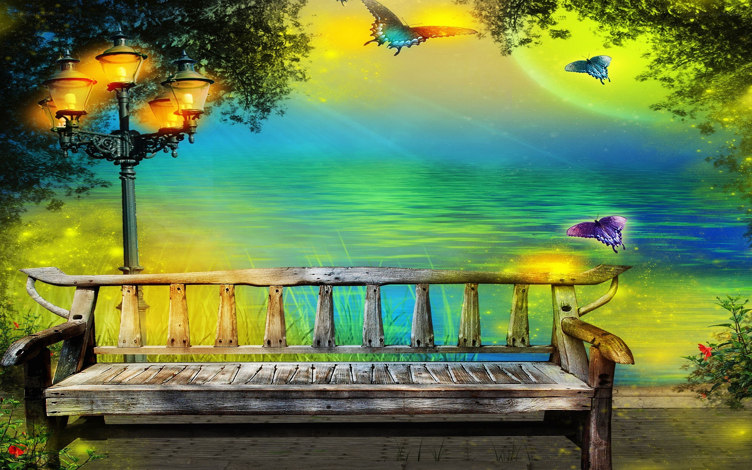 Colorful bench by the lake