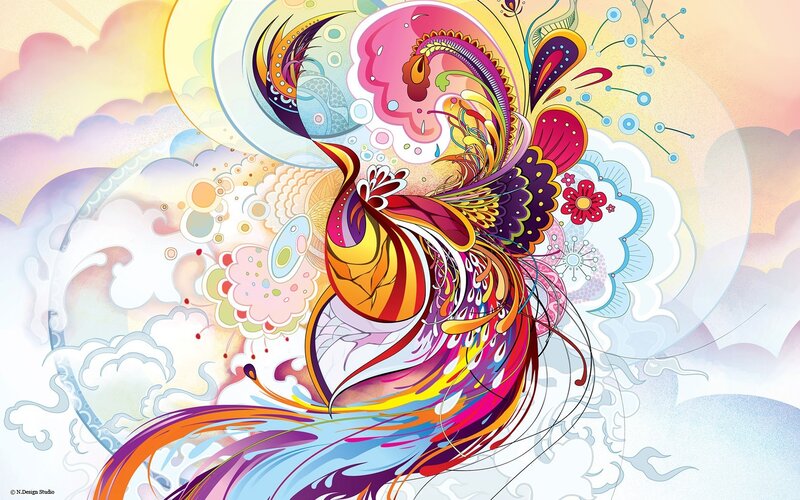 Colorful Bird Illustration — Pink, Vibrant, Digital Art, Clouds, Flowers