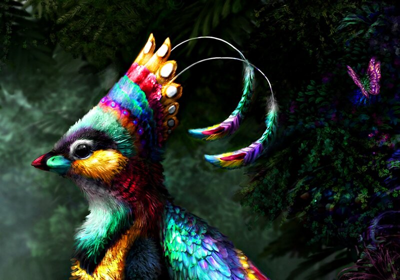 Colorful Bird in Forest — Green, Mystical, Digital Art