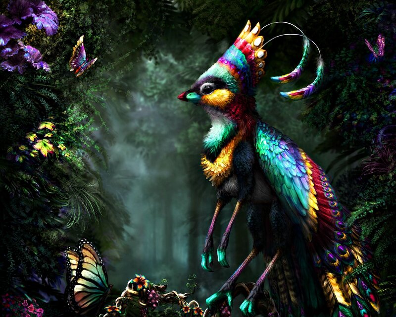 Colorful Bird in Forest — Green, Mystical