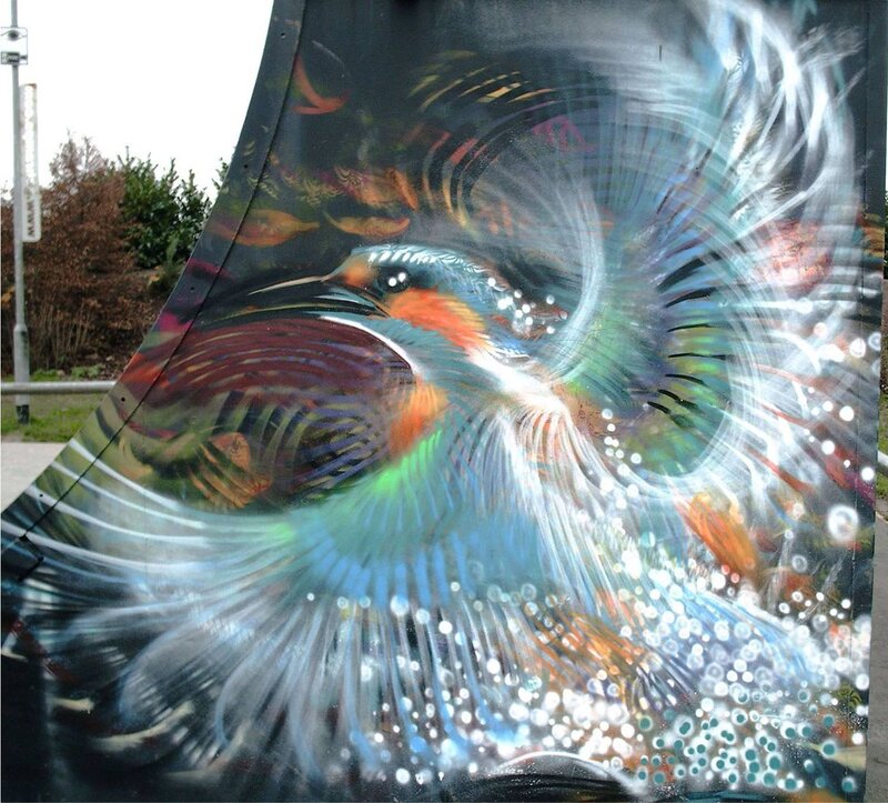Colorful bird mural on metal