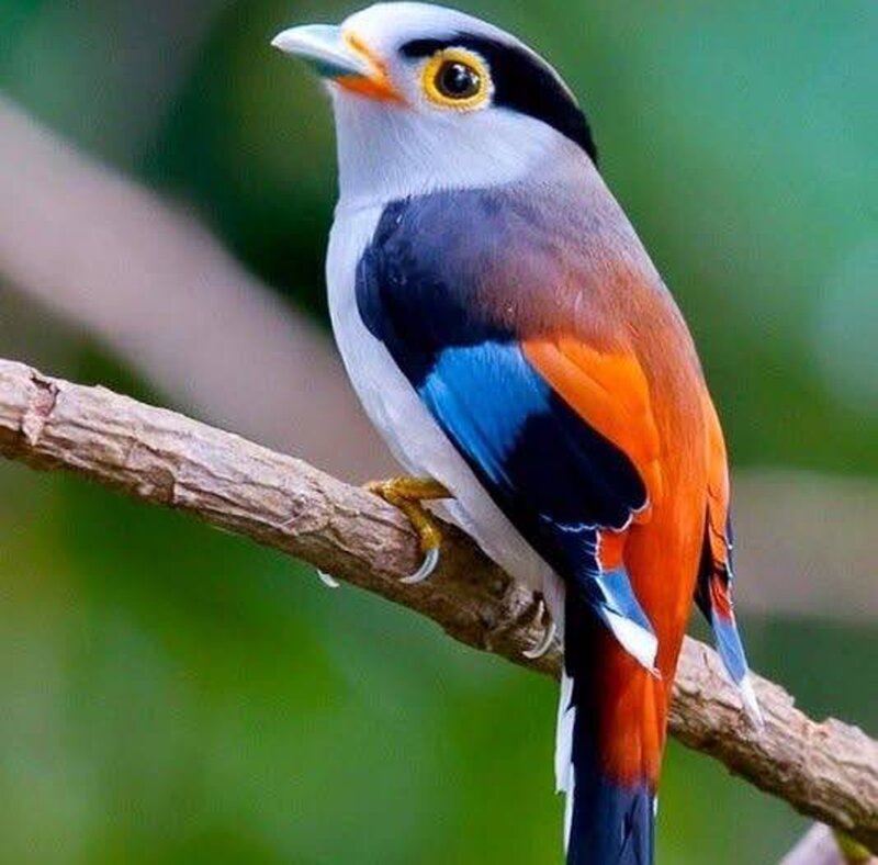 Colorful Bird on Branch — Blue, Calm, Photograph, Green Background