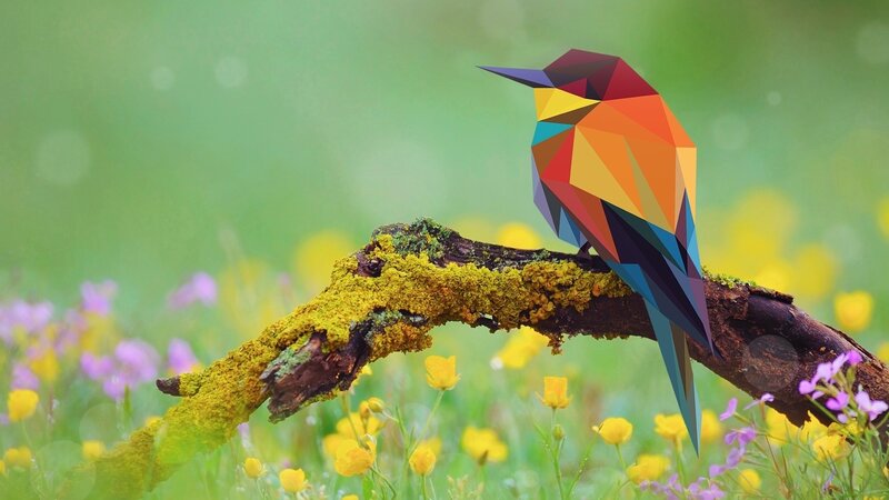 Colorful Bird on Branch — Green, Serene, Spring, Digital Art, Flowers, Moss