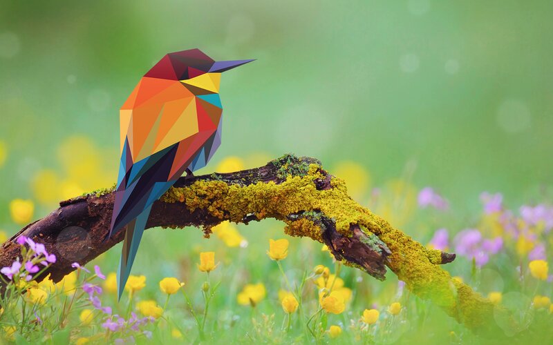 Colorful Bird on Branch — Green, Serene, Spring, Digital Art, Flowers