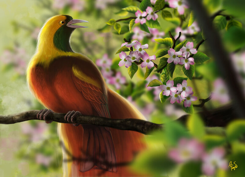 Colorful Bird on Branch — Yellow, Serene