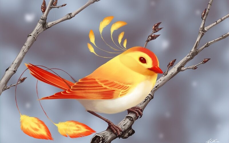 Colorful Bird on Branch — Yellow, Serene, Winter