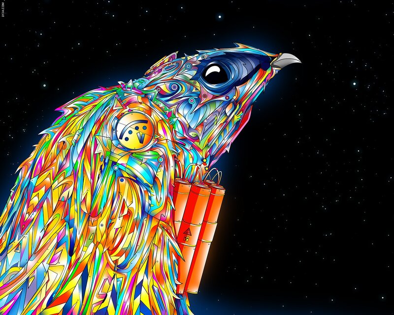 Colorful Bird with Dynamite — Blue, Dramatic, Night, Digital Art, Stars