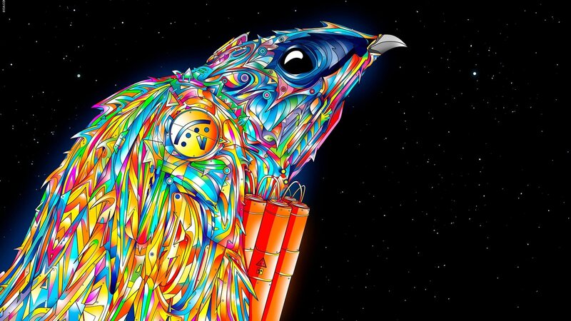 Colorful Bird with Dynamite — Blue, Dramatic, Night